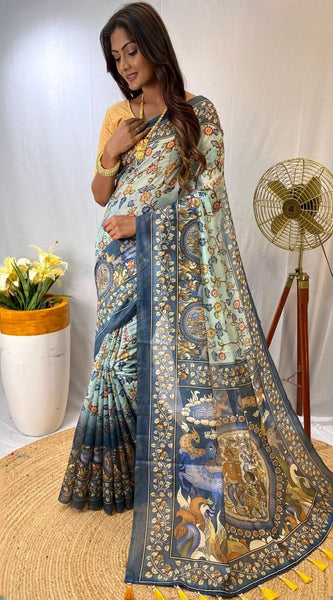 Glamorous Sky Kalamkari Printed Saree With Dulcet Blouse Piece