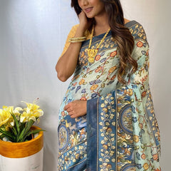 Glamorous Sky Kalamkari Printed Saree With Dulcet Blouse Piece