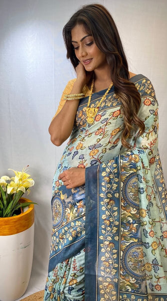 Glamorous Sky Kalamkari Printed Saree With Dulcet Blouse Piece