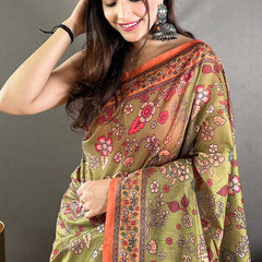 Smart Mehndi Kalamkari Printed Saree With Ethnic Blouse Piece