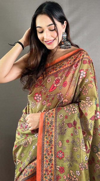 Smart Mehndi Kalamkari Printed Saree With Ethnic Blouse Piece