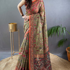 Smart Mehndi Kalamkari Printed Saree With Ethnic Blouse Piece