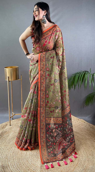 Smart Mehndi Kalamkari Printed Saree With Ethnic Blouse Piece