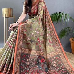 Smart Mehndi Kalamkari Printed Saree With Ethnic Blouse Piece