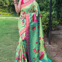Lustrous Parrot Paithani Silk Saree With Dazzling Blouse Piece