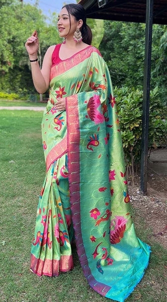 Lustrous Parrot Paithani Silk Saree With Dazzling Blouse Piece