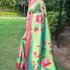 Lustrous Parrot Paithani Silk Saree With Dazzling Blouse Piece