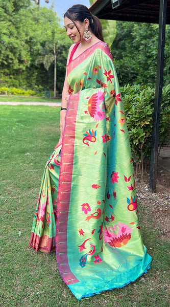 Lustrous Parrot Paithani Silk Saree With Dazzling Blouse Piece