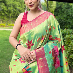 Lustrous Parrot Paithani Silk Saree With Dazzling Blouse Piece