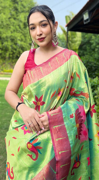 Lustrous Parrot Paithani Silk Saree With Dazzling Blouse Piece