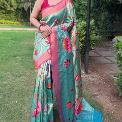 Ethereal Turquoise Paithani Silk Saree With Radiant Blouse Piece