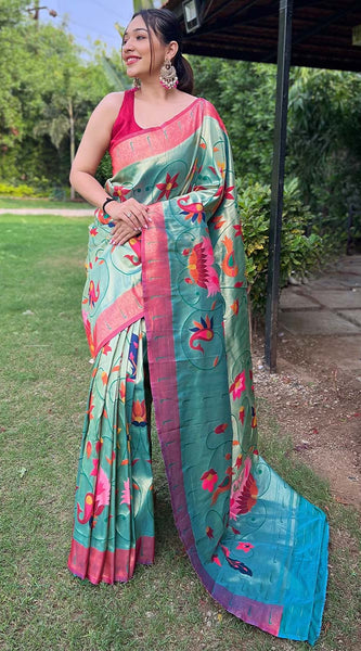 Ethereal Turquoise Paithani Silk Saree With Radiant Blouse Piece