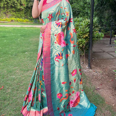 Ethereal Turquoise Paithani Silk Saree With Radiant Blouse Piece