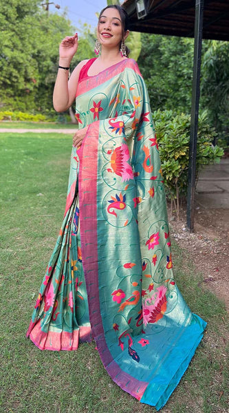 Ethereal Turquoise Paithani Silk Saree With Radiant Blouse Piece