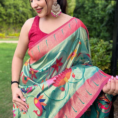 Ethereal Turquoise Paithani Silk Saree With Radiant Blouse Piece
