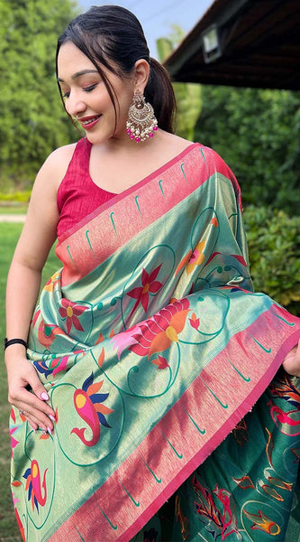 Ethereal Turquoise Paithani Silk Saree With Radiant Blouse Piece