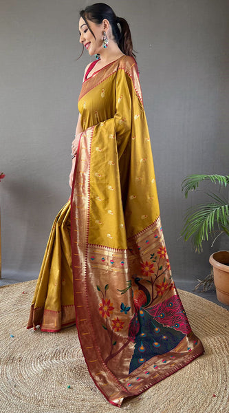 Flattering Mustard Paithani Silk Saree With Adorning Blouse Piece