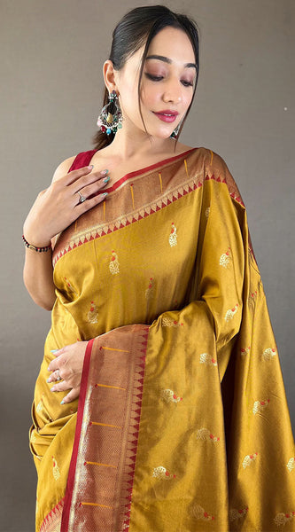 Flattering Mustard Paithani Silk Saree With Adorning Blouse Piece