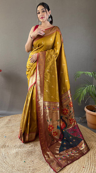 Flattering Mustard Paithani Silk Saree With Adorning Blouse Piece