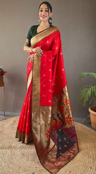Classic Red Paithani Silk Saree With Bewitching Blouse Piece