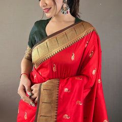Classic Red Paithani Silk Saree With Bewitching Blouse Piece