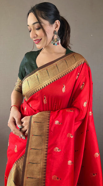 Classic Red Paithani Silk Saree With Bewitching Blouse Piece