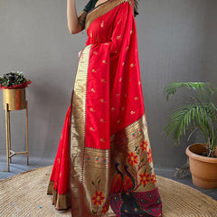Classic Red Paithani Silk Saree With Bewitching Blouse Piece