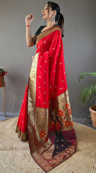 Classic Red Paithani Silk Saree With Bewitching Blouse Piece