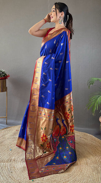 Desultory Royal Blue Paithani Silk Saree With Embrocation Blouse Piece