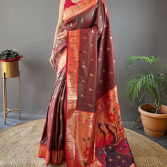 Staggering Wine Paithani Silk Saree With Incredible Blouse Piece
