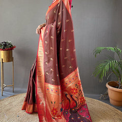 Staggering Wine Paithani Silk Saree With Incredible Blouse Piece