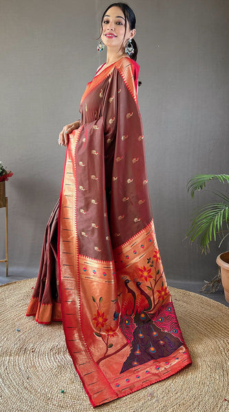 Staggering Wine Paithani Silk Saree With Incredible Blouse Piece
