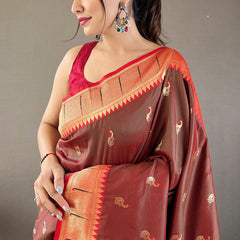 Staggering Wine Paithani Silk Saree With Incredible Blouse Piece