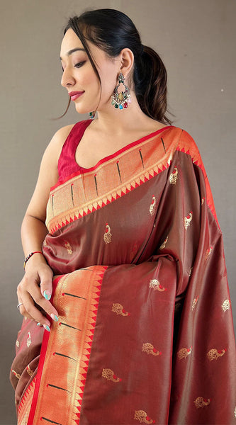 Staggering Wine Paithani Silk Saree With Incredible Blouse Piece