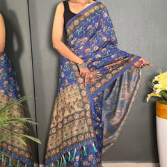 Pretty Blue Kalamkari Printed Saree With Lovely Blouse Piece