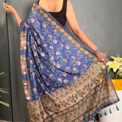 Pretty Blue Kalamkari Printed Saree With Lovely Blouse Piece