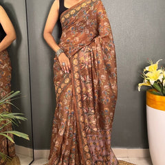 Sizzling Brown Kalamkari Printed Saree With Charming Blouse Piece