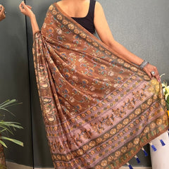 Sizzling Brown Kalamkari Printed Saree With Charming Blouse Piece