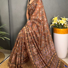 Sizzling Brown Kalamkari Printed Saree With Charming Blouse Piece