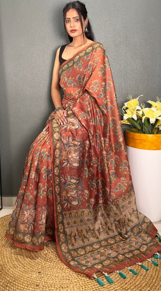 Desirable Orange Kalamkari Printed Saree With Stunner Blouse Piece