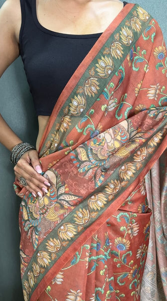 Desirable Orange Kalamkari Printed Saree With Stunner Blouse Piece