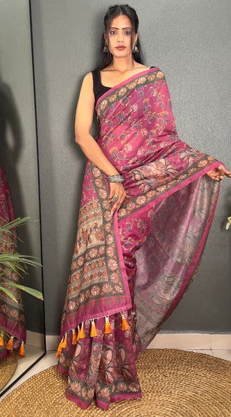 Admirable Pink Kalamkari Printed Saree With Dalliance Blouse Piece