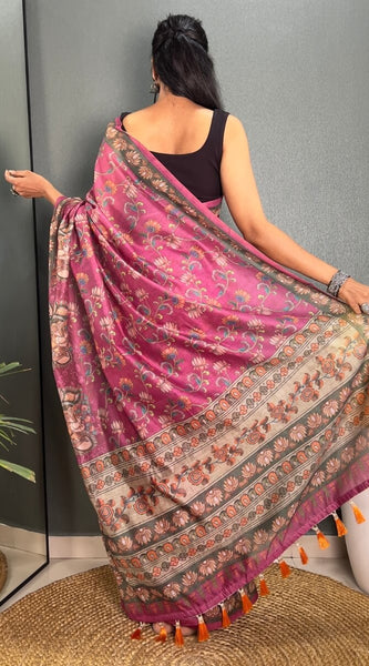 Admirable Pink Kalamkari Printed Saree With Dalliance Blouse Piece