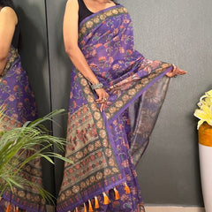 Evocative Purple Kalamkari Printed Saree With Lagniappe Blouse Piece
