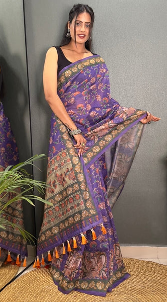 Evocative Purple Kalamkari Printed Saree With Lagniappe Blouse Piece