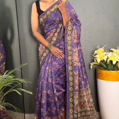 Evocative Purple Kalamkari Printed Saree With Lagniappe Blouse Piece