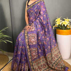 Evocative Purple Kalamkari Printed Saree With Lagniappe Blouse Piece