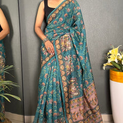Redolent Rama Kalamkari Printed Saree With Denouement Blouse Piece