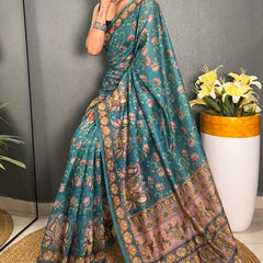 Redolent Rama Kalamkari Printed Saree With Denouement Blouse Piece