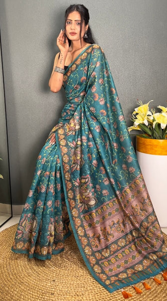 Redolent Rama Kalamkari Printed Saree With Denouement Blouse Piece